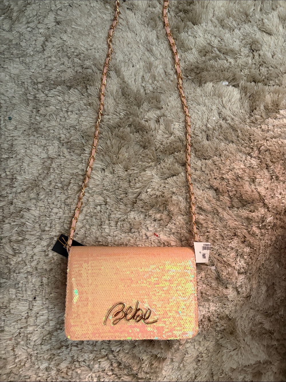bebe Iridescent Peach Sequin Crossbody with Gold Chain
